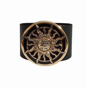 Black Wide Cuff Bracelet Gold Sunburst Rhinestone Medallion Snap Closure